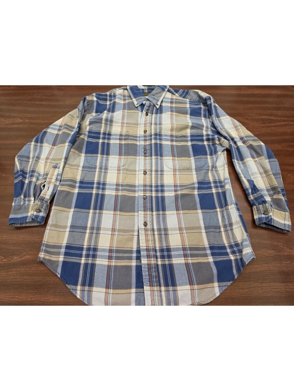 Eddie Bauer 100% Cotton Medium Blue Tan Plaid Long Sleeve Flannel Cabin Core Top
